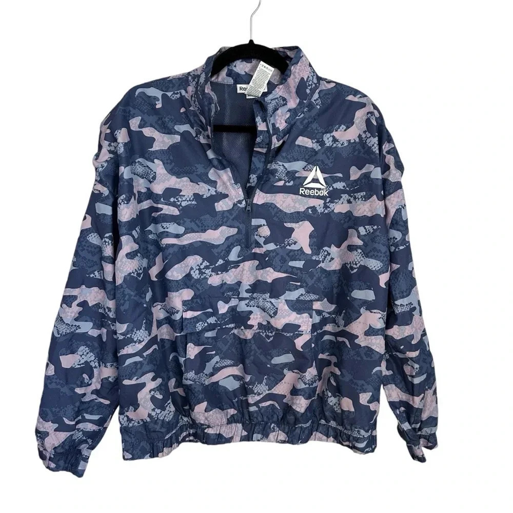 Reebok Womens Essential Long Sleeve 1/4 Zip Camo Windbreaker w/ Pockets Sz L GUC